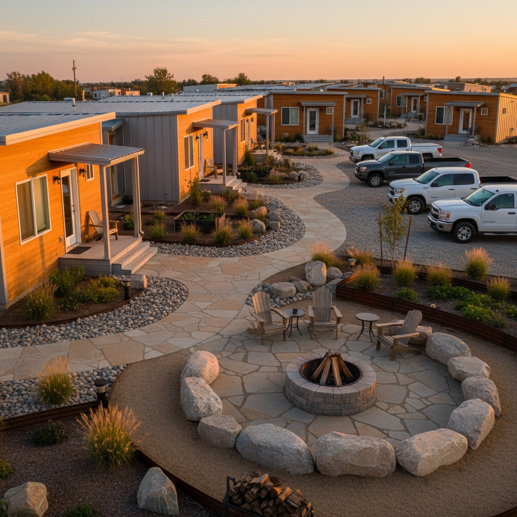 A resilient worker lodging cluster at sunset, depicted without people, featuring rows of contemporary, insulated modular housing units with warm-toned exterior panels, small porches, and neatly arranged outdoor seating. In the foreground, a paved path curves between buildings, flanked by low-maintenance landscaping, raised garden beds, and a central fire-pit feature that is unlit but ready for use, hinting at community connection. Golden hour light bathes the scene, casting a soft amber glow on walls and long, gentle shadows across the walkway. A few parked pickup trucks and vans are positioned neatly along the edge, underscoring transportation support. The mood is welcoming, stable, and protective. Photographic realism with a slightly elevated, three-quarter angle shows depth and the thoughtful design of this supportive living environment.