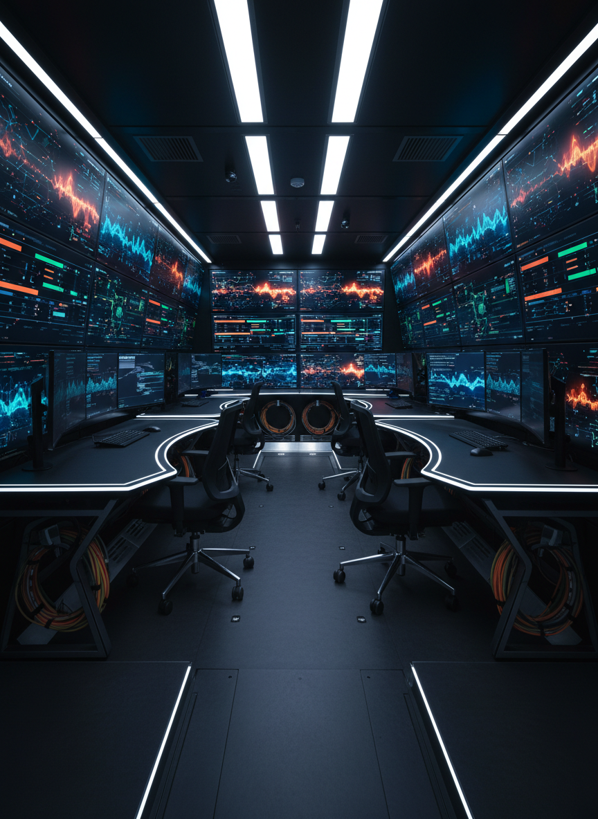 A high-tech mobile command center interior, shown without any humans, filled with wall-mounted digital dashboards displaying abstract, colorful data visualizations and project timelines with no readable text. Sleek black and brushed aluminum consoles, ergonomic chairs pushed under workstations, and neatly coiled communication cables create a sense of discipline and order. Cool, diffused LED lighting from overhead panels reflects softly off matte monitors, avoiding glare while casting subtle highlights along edges. Shot at eye level down the center aisle, with screens on both sides creating depth and a tunnel-like perspective. The atmosphere is focused and resilient, emphasizing off-site workforce management, rapid deployment coordination, and technology-enabled oversight in a clean, modern, photographic realism style.