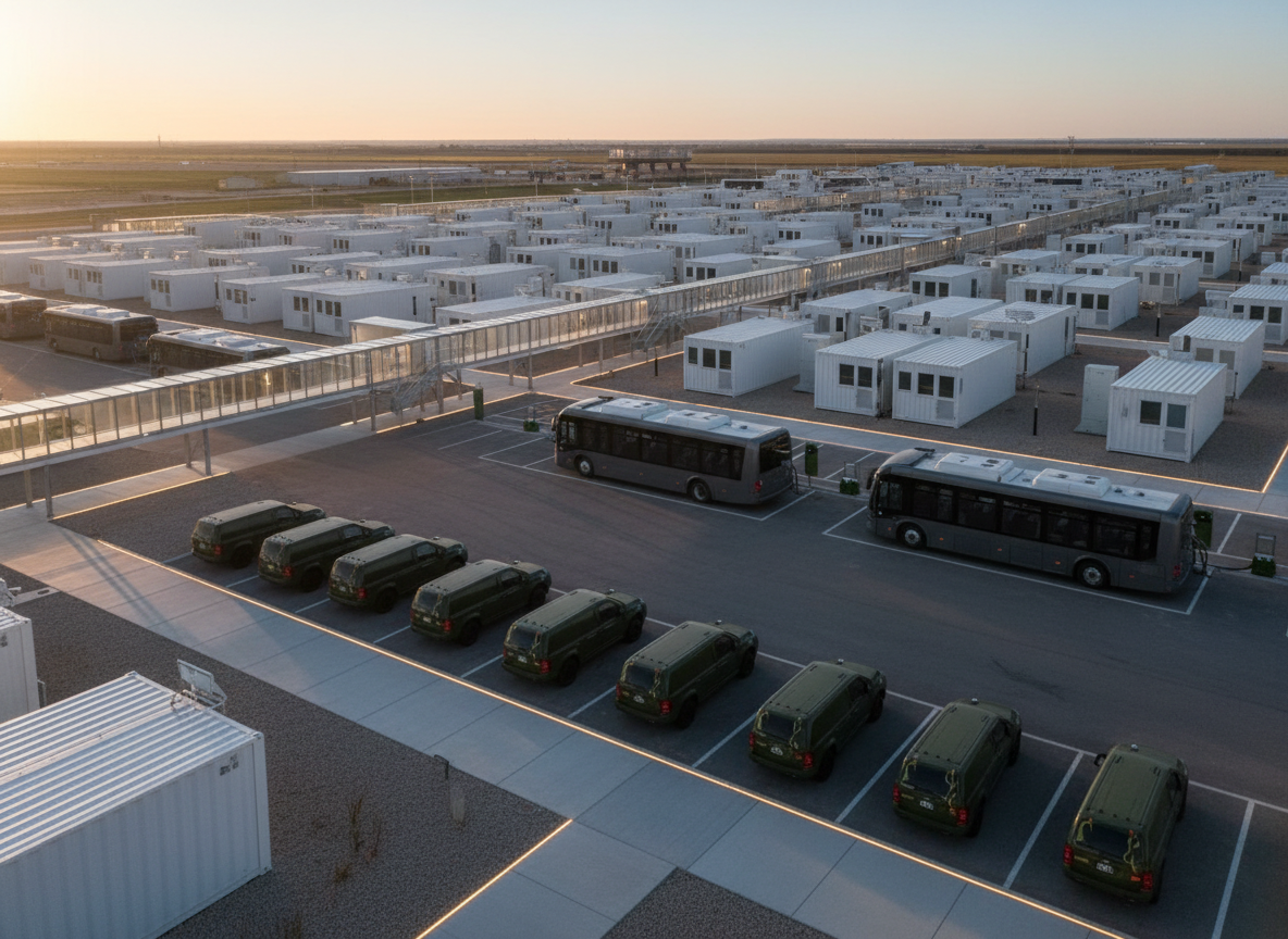 A sprawling, modern workforce hub at dawn, depicted without any people, where sleek modular housing units, parked shuttle buses, and neatly lined service vehicles form a cohesive ecosystem. The subjects are the structures and equipment themselves: clean white trailers with subtle metal textures, matte-finish buses with tinted windows, and illuminated walkways connecting everything. Soft early morning light casts long, gentle shadows across the gravel and concrete, while warm LED pathway lights glow along the routes. Photographic realism from a slightly elevated, wide-angle perspective emphasizes scale and organization. The mood is calm yet ready-for-action, conveying resilience and preparedness. The composition uses the rule of thirds, with sharp focus throughout, showcasing infrastructure, housing, and transportation as an integrated support system for critical projects.
