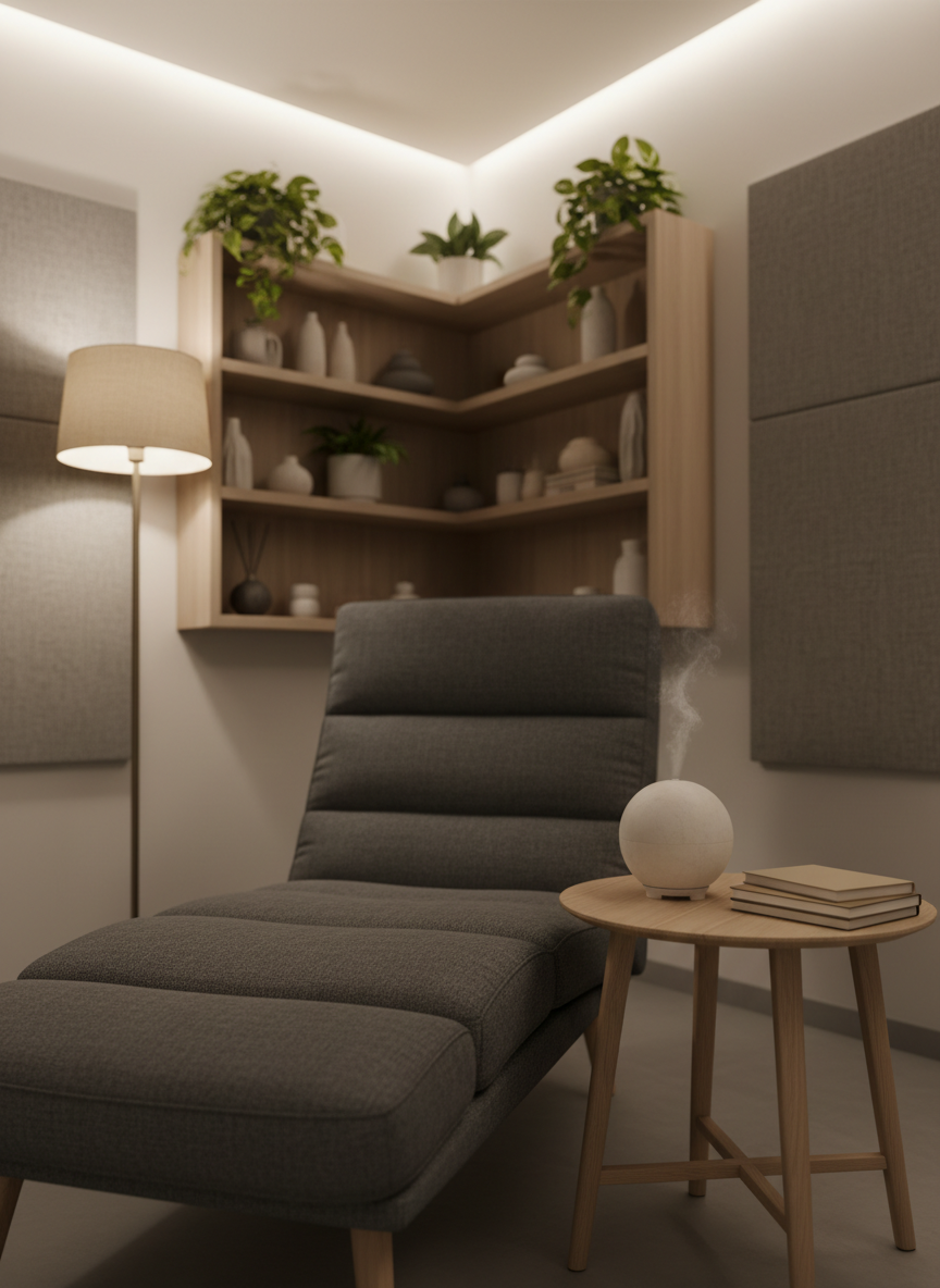 A dedicated quiet wellness room inside a workforce support facility, entirely empty of people, centered on a plush charcoal-gray lounge chair with textured fabric, a light wood side table holding a ceramic diffuser, and a small stack of blank journals with no visible text. The space includes a corner with shelves of neutral-toned objects, plants, and soft acoustic wall panels. Gentle indirect lighting comes from a concealed LED strip along the ceiling and a single floor lamp with a linen shade, creating calm, diffused illumination and soft, overlapping shadows. Captured from a slightly low angle with shallow depth of field, the chair and table are in crisp focus while the background softens into a peaceful blur. The mood is restorative and supportive, representing mental health and emotional resilience through photographic realism.