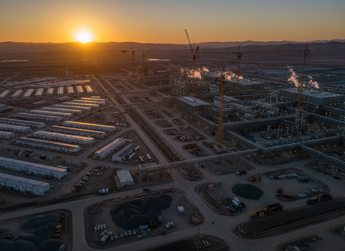 An aerial view of a large integrated industrial project site at dusk