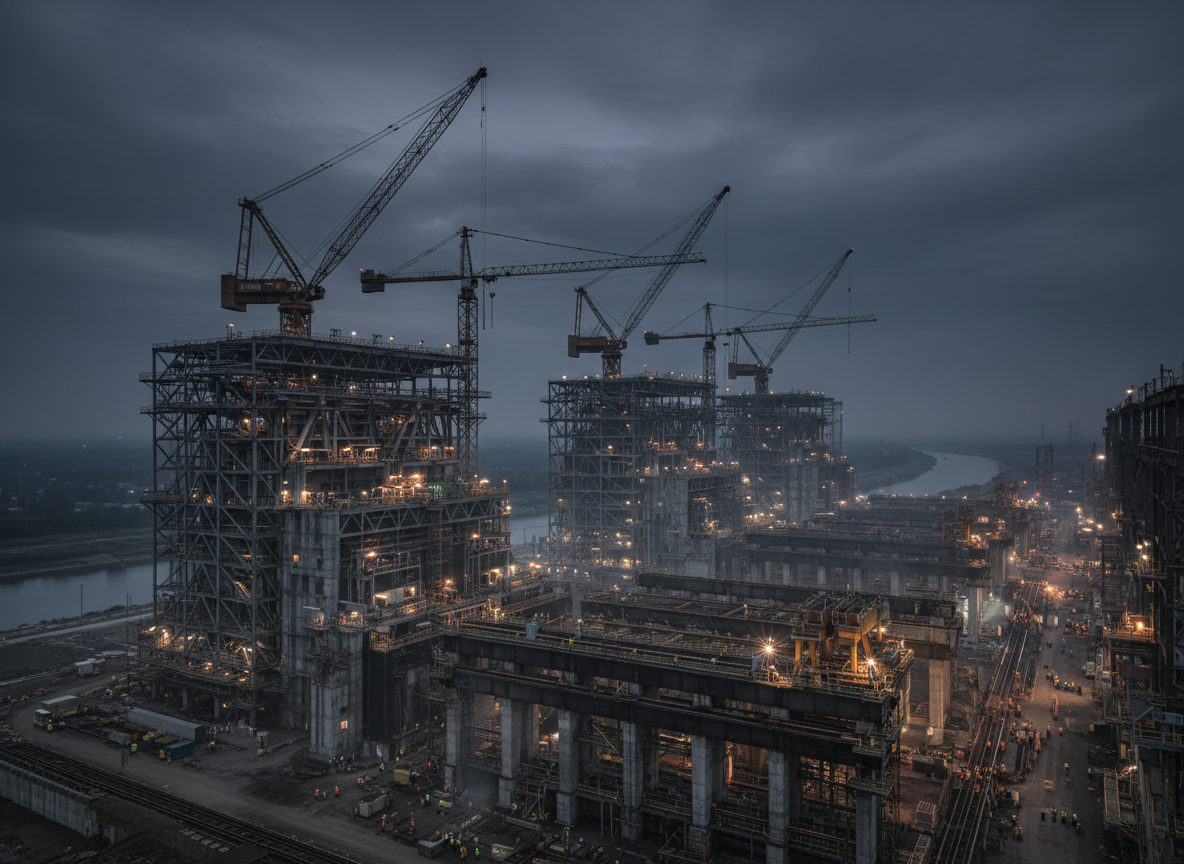 Dramatic wide industrial infrastructure scene at dusk with steel structures, cranes, and floodlights