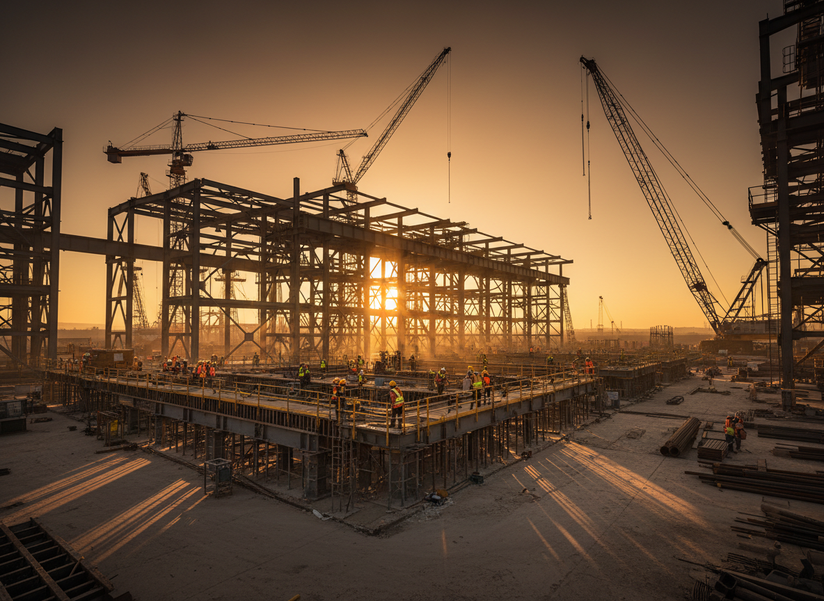 Industrial construction site with cranes and steel framework
