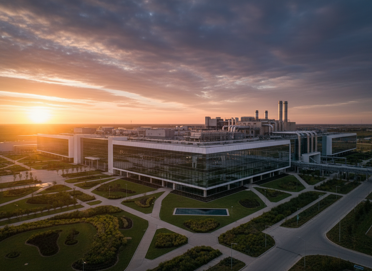 Exterior of a modern semiconductor chip fabrication plant — massive, fortress-like building with clean architectural lines, reflective glass facades, industrial ventilation systems on the roof, surrounded by a manicured campus, dramatic sky, golden hour lighting, wide cinematic shot showing the full scale of the facility. Professional, bold, industrial.