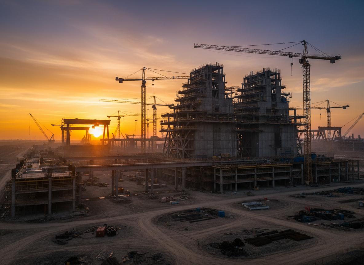 Wide cinematic exterior of a massive industrial construction megaproject — towering steel framework and concrete structures silhouetted against a dramatic golden-hour sky, large cranes visible, sense of enormous scale and ambition, slightly gritty and bold atmosphere.