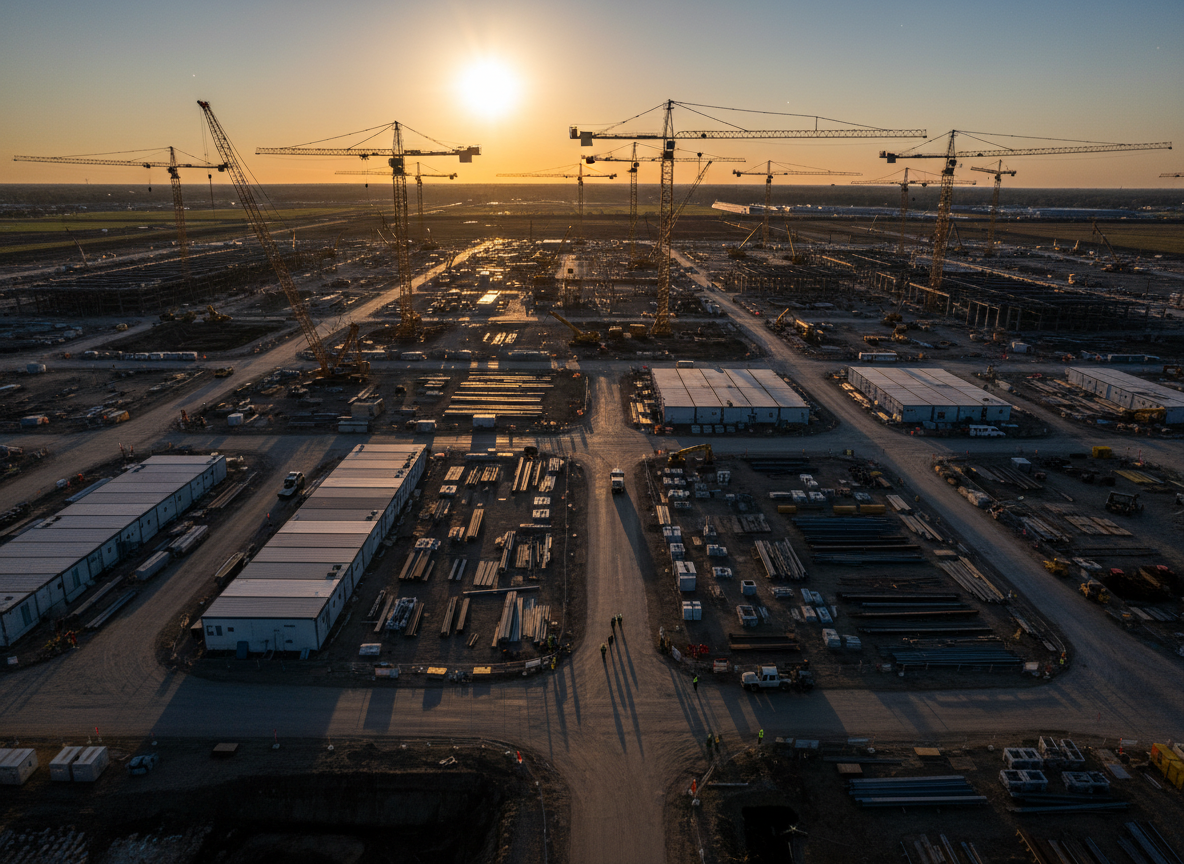A sweeping aerial view of a massive American infrastructure construction site at dusk, with cranes, modular structures, and staging areas lit by warm gold light against navy shadows.